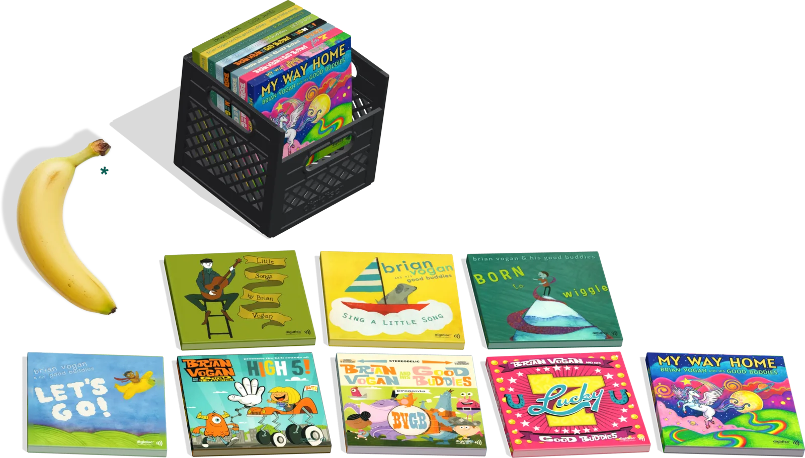The box set: a small black milk crate holding all eight albums, a banana beside it for scale, with the eight covers laid out in front of it